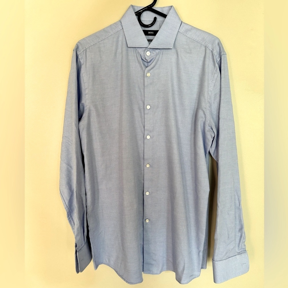 Hugo Boss sharp fit long sleeve dress shirt.